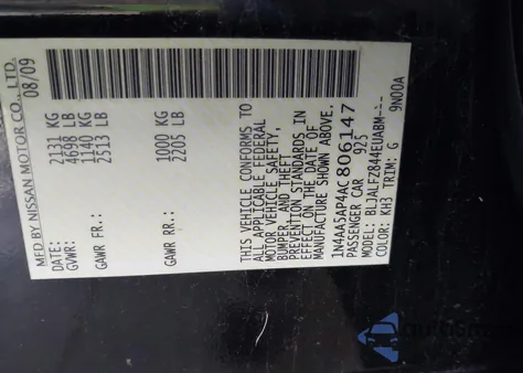 2010 Nissan Maxima 3.5 Sv from USA, damaged, VIN 1N4AA5AP4AC806147